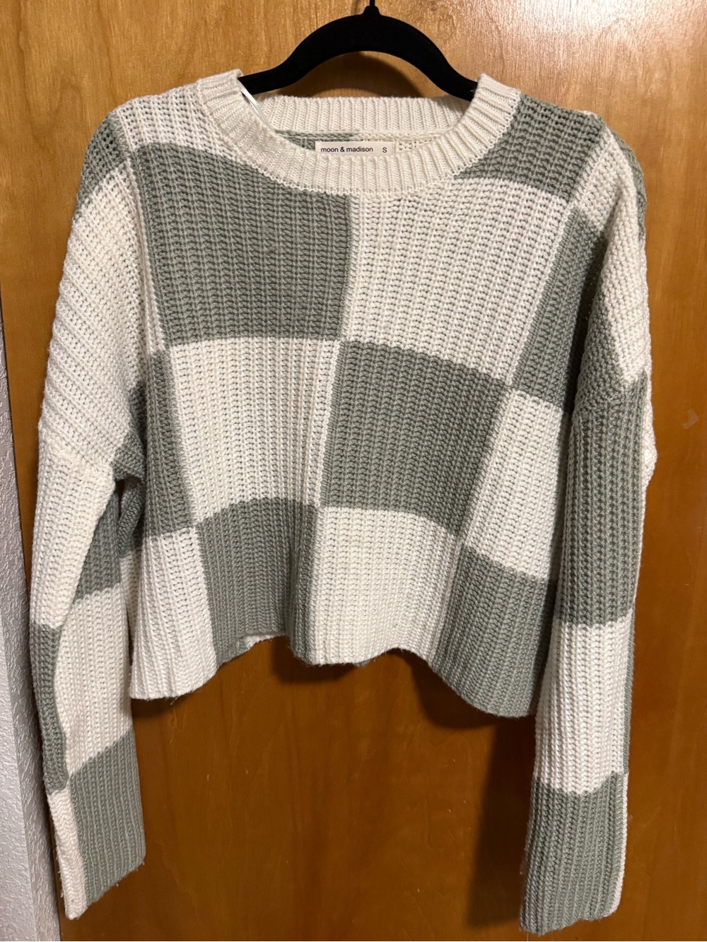 moon & madison Sage and Cream Checkered Crew Neck Sweater